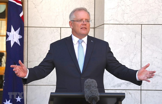 Thủ tướng Australia Scott Morrison phát biểu trong cuộc họp báo tại Canberra.