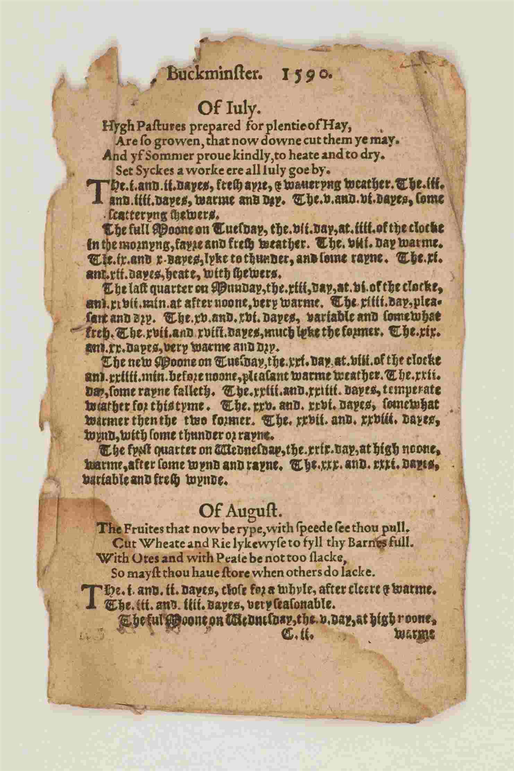 Hình 3: Dự báo Almanac. Trang này từ niên giám của Thomas Buckminster cho năm 1590 ghi lại các dự đoán thời tiết của ông cho miền Nam nước Anh vào tháng 7 và tháng 8.